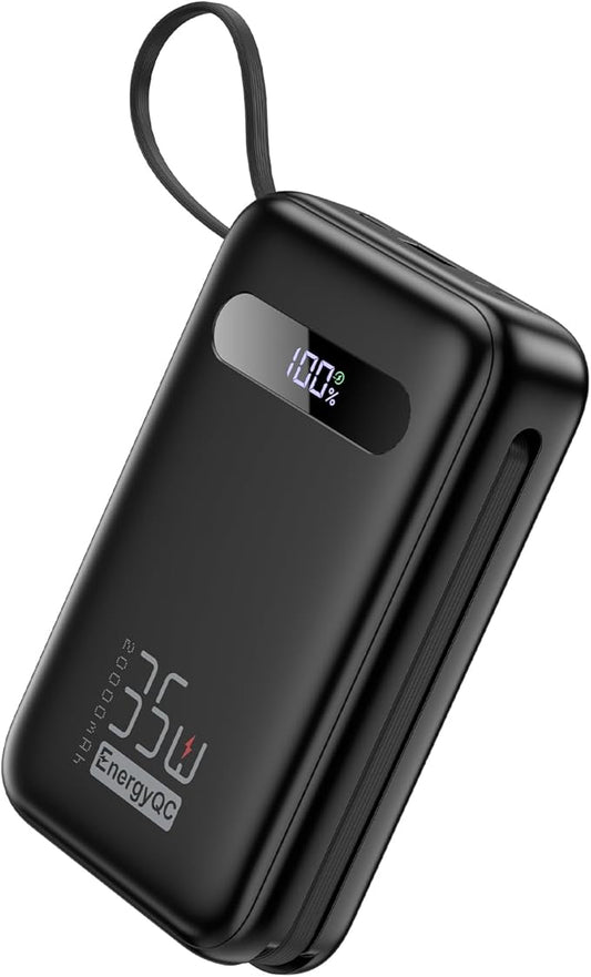 EnergyQC 20000mAh Portable Charger, 35W PD 3.0+QC 4.0 Fast Charging Power Bank with Built-in Lightning & USB-C in&Out Cabl...