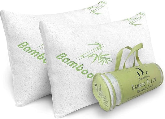 Memory Foam Rayon Bamboo Pillows Queen Size Set of 2 for Sleeping [Adjustable] - Cool & Breathable Cover with Zipper Rayon...