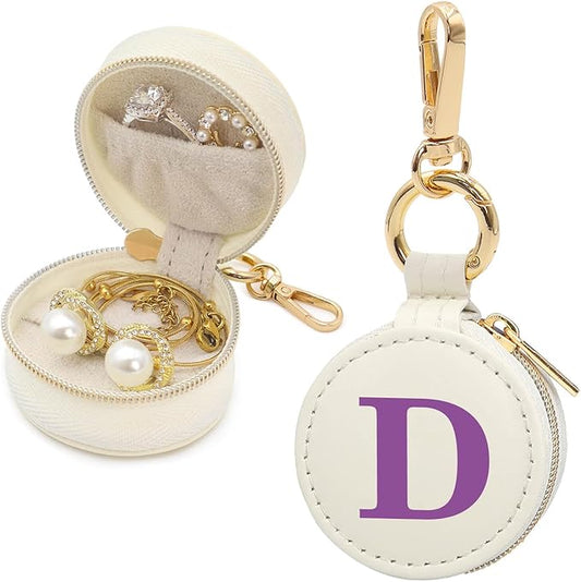 Mini Initial Travel Jewelry Case Ring Holder, Beige Faux Leather Small Jewelry Organizer Box Gifts for Women Girls Nurse T...