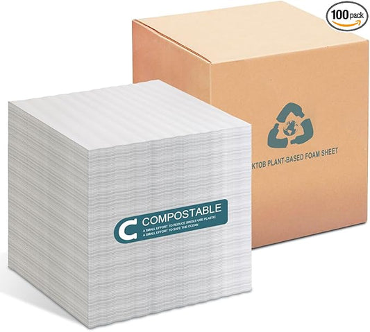 100% Compostable Packing Foam Sheets-KTOB 100 Pack 12”x 12”Eco Friendly Moving Supplies and Sustainable Packing Material f...