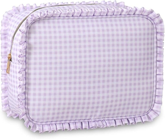 EMBRUNIOICE Gingham Ruffle Makeup Bag,Large Travel Cute Cosmetic Bag for Women Girls,Toiletry Bag Make up Organizer 10.8 x...