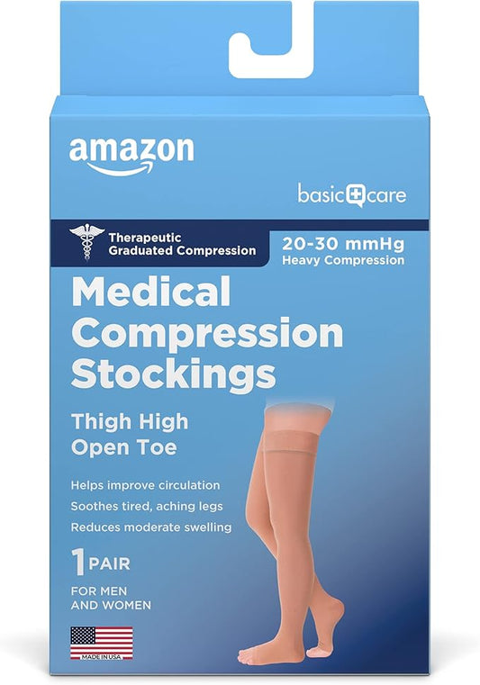 Amazon Basic Care Medical Compression Stockings, 20-30 mmHg Support, Women & Men Thigh Length Hose, Open Toe, Beige, 2X-La...