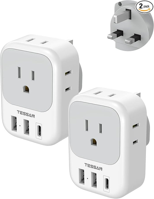 UK Adapters for Travel 2 Pack, TESSAN Type G US to UK Plug Adapter with 4 Outlets 3 USB Charger(1 USB C Port), Power Adapt...