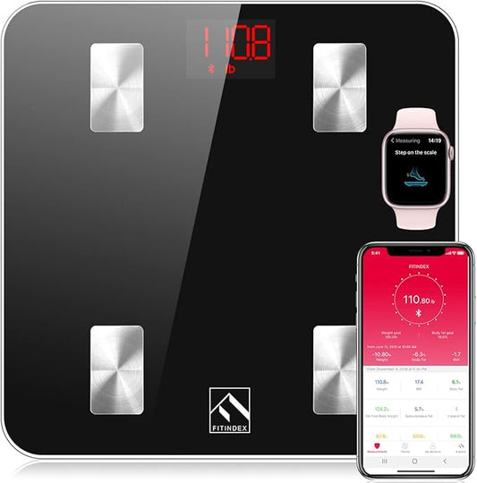 FITINDEX Scale with BMI, Body Fat, Muscle Mass, Smart Scale for Body Weight, Bluetooth, Digital, Sync with App, User Healt...