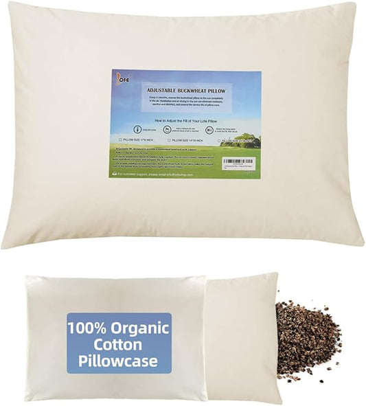 LOFE Organic Buckwheat Pillow for Sleeping with Organic Cotton Pillowcase - 20''x26'' Adjustable Pillow, Breathable for Co...