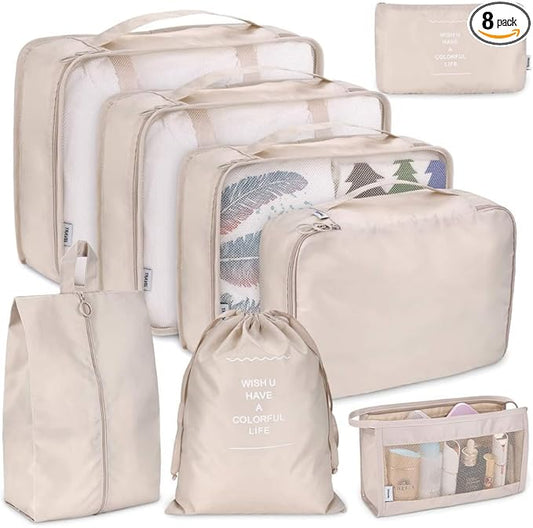 Eleeferri 8 Set Packing Cubes for Travel, Suitcase Organizer Mesh Storage Bag for Luggage with Shoe Toiletry Laundry Under...