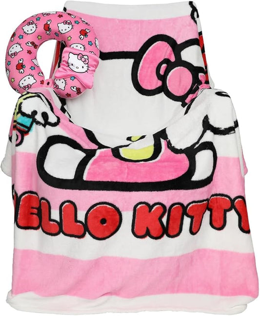 Bioworld Adult Hello Kitty Travel Set with Neck Pillow, Eye Mask, and Throw Blanket, Adorable Comfort for Hello Kitty Fans...