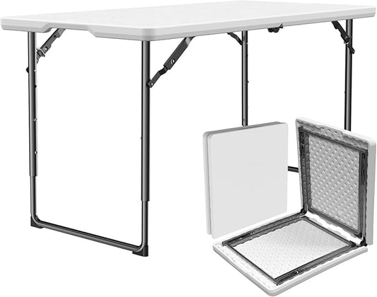 MAKE CHANGES Folding Table 4ft - Heavy Duty Fold-in-Half Plastic Table with Adjustable Height, Portable Utility Tables wit...