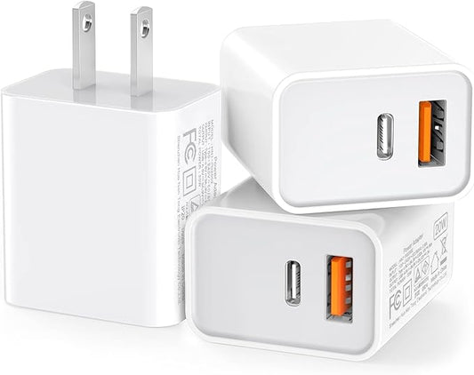 3 Pack USB C Wall Charger, 20W Durable Dual Port QC+PD 3.0 Power Adapter, Double Fast Plug Charging Block for iPhone 14/1...