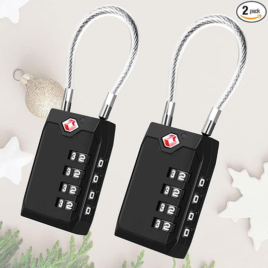 2 Pack Approved Travel Luggage Locks, 4-Digit Cable Combination Suitcase Lock, Metal Alloy Padlocks, Weatherproof Padlock ...