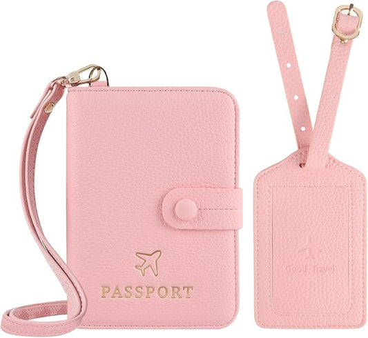 Boutilon Leather Passport Holder Covers Case with Neck Lanyard and Luggage Tag Waterproof RFID Blocking Travel Wallet Soli...