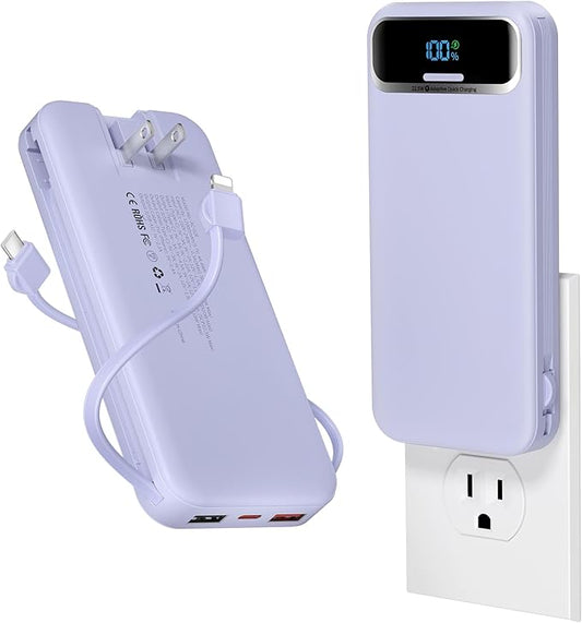 12000mAh Lightweight-Portable-Charger-Power-Bank with Built-in Cables and AC Wall Plug, PD20W USB-C Fast Charging Battery ...