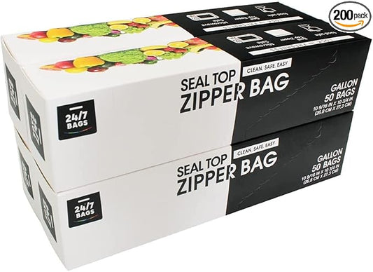 24/7 Bags- Gallon Zip Storage Bags, 200 Count, Double Zipper Seal, Easy Grip Open Tabs, Write-On Space, BPA-Free & Heavy D...