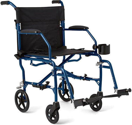 Medline Ultra Lightweight Transport Wheelchair for Adults, Foldable, 19-Inch Seat Width, Blue Frame, Black Upholstery