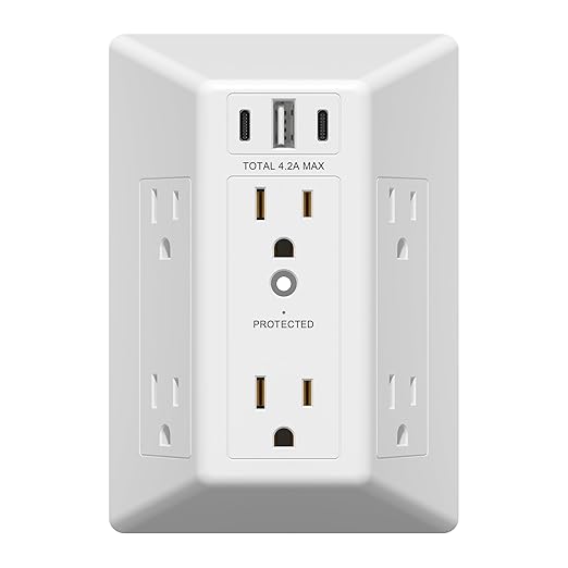 LIDER 6 Outlet Surge Protector Extender with 20W 4.2A 3 USB Type A/C Chargers, 1500 Joules, Multi Plug Wall Charger for Ho...