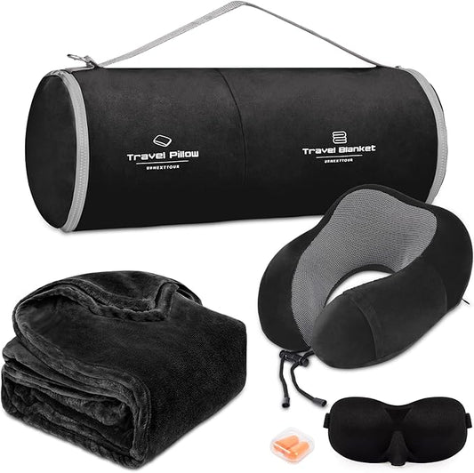 urnexttour Travel Pillow and Blanket Set Neck Pillows Travel Essentials with Sleep Mask for Airplane Car Memory Foam Black