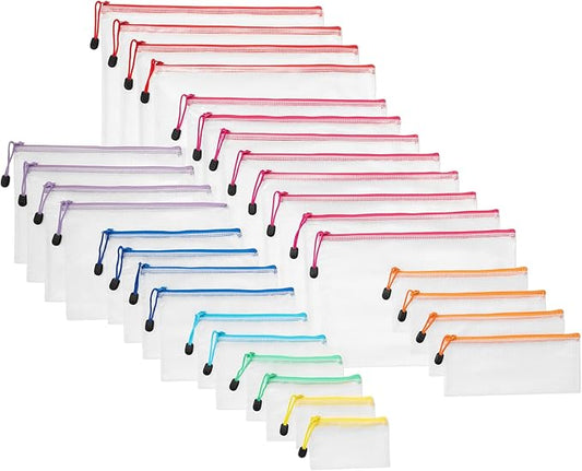 Amazon Basics 30-Pack Mesh Zipper Pouch Bags, 8 Sizes Waterproof Storage Organizers with Zipper, Multipurpose Clear Travel...