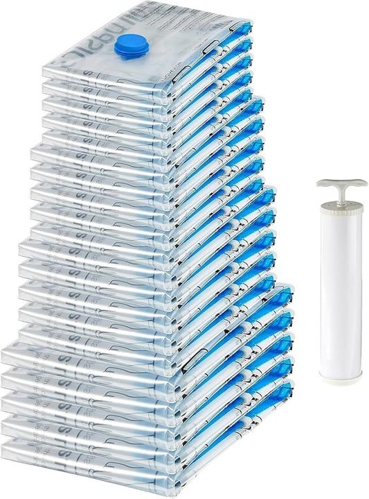 Amazon Basics Vacuum Compression Space Saving Storage Bags with Hand Pump for Travel, Multiple Sizes for Clothes and Blank...