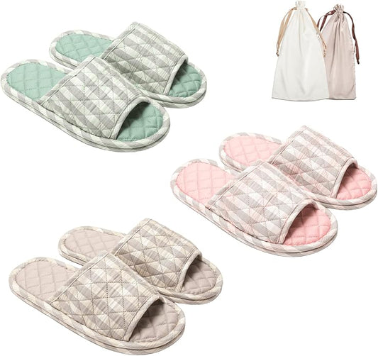 3 Pairs Floral Cotton House Slippers for Women, Open Toe Indoor Slippers Comfortable Washable Portable Foldable Guest Trav...