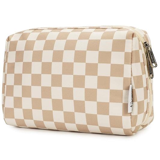 Narwey Checkered Makeup Bag Travel Cosmetic Bag Organizer Toiletry Bag Make Up Bags with Compartments for Women Girls (Lar...