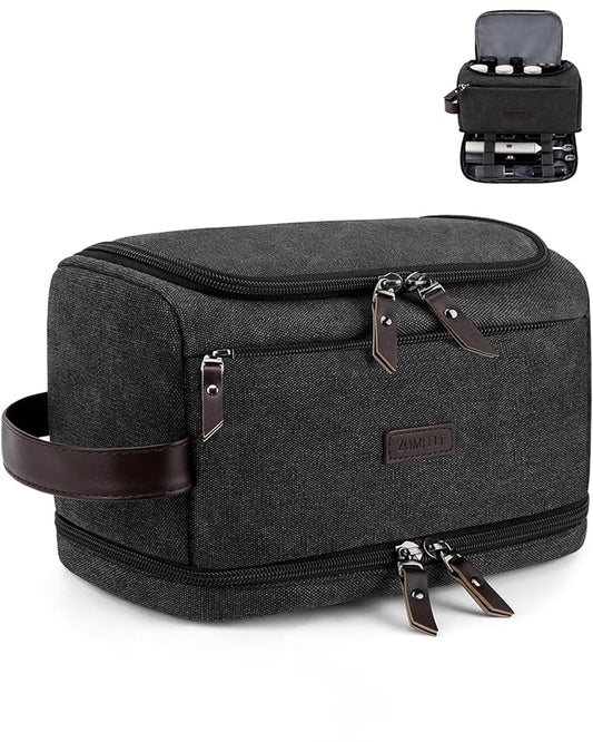 ZOMFELT Toiletry Bag for Men, Dual Layers Canvas Travel Toiletries Bag, Water-Resistant Travel Organizer with Elastic, Lar...