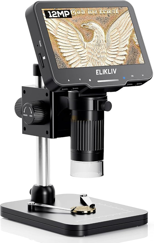 Elikliv Coin Microscope for Adults: 4.3'' LCD Digital Microscope 1000x with 8 Adjustable LED Lights, PC View Compatible wi...