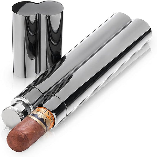 Viski Cigar Holder Flask Cigar Case Flask Men Travel Cigar Flask Combo 2 FL oz. Stainless Steel Gunmetal Black