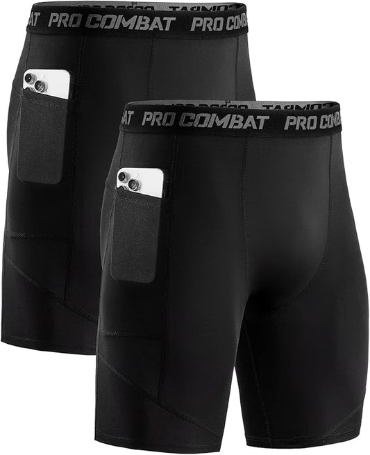 Niksa 1/2 Pack Mens Compression Shorts with Pocket, Performance Spandex Athletic Sports Workout Running Underwear Shorts