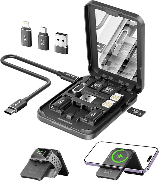 BUDI Travel 5 in 1 Watch & Phone Charger，Multifunctional Compact Data Cable Case with 15W Wireless Charging USB-C Cable an...
