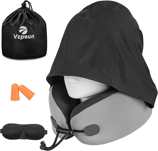 Vzpeun Neck Pillow for Travel - Hooded Memory Foam Plane Pillow for Airplane, Office, Cars Sleeping, Long Flight Must Have...
