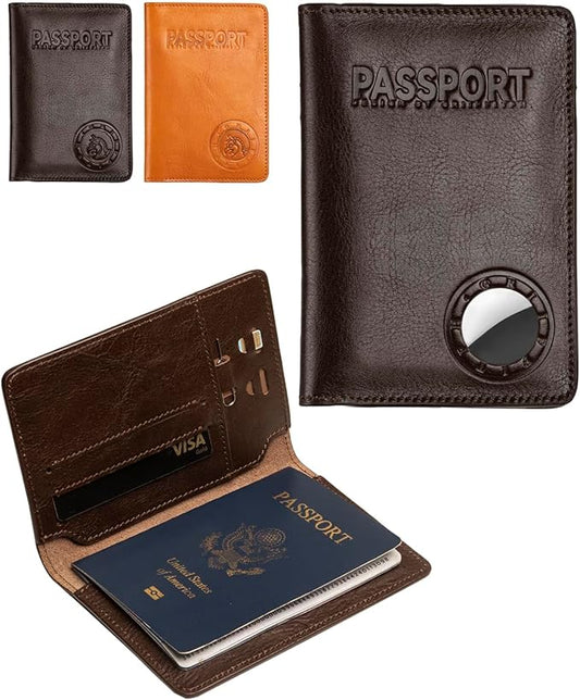 Passport Holder for Travel, Genuine Leather Passport Holder with AirTag Slot, RFID Passport Cover for Airport Essentials, ...
