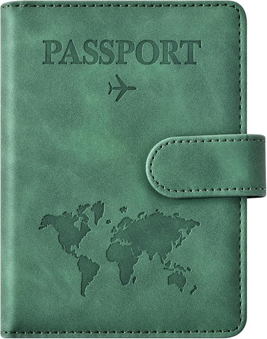 RFID Blocking Passport Holder Cover Wallet – Leather Travel Card Case for Men & Women (Green)