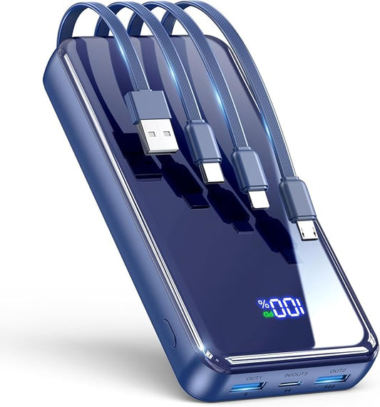 Portable Charger,50000mAh Power Bank Built-in Cable, 22.5W PD USB C In & Out Fast Charging, External Battery Pack with 6 O...