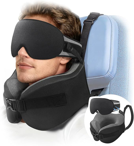 YFONG Travel Pillow for Long Flight Airplanes, Head Strap Combo with 3D Contoured Eye Mask for Sleep, Neck Pillow for Car ...