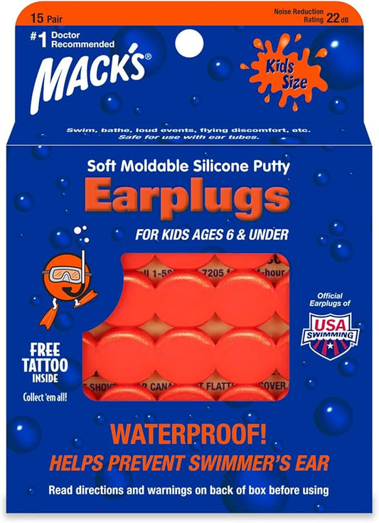 Mack's Soft Moldable Silicone Putty Ear Plugs – Kids Size, 15 Pair – Comfortable Small Earplugs for Swimming, Bathing, Tra...