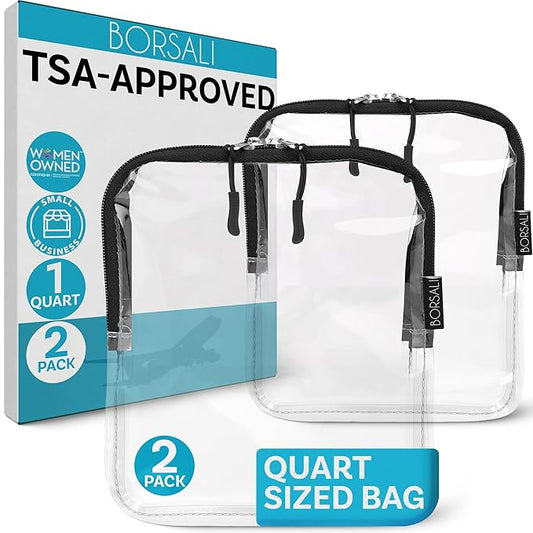BORSALI TSA Approved Toiletry Bag - Clear Quart Size for 3-1-1 Carry On Travel - Makeup Organizer Cosmetic Pouch with Zipp...