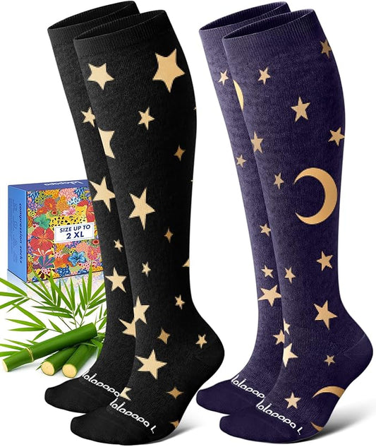 Lalapapa Bamboo Viscose Compression Socks for Women Men 2 Pairs 15-20mmHg Knee High Compression Socks Travel Nurse