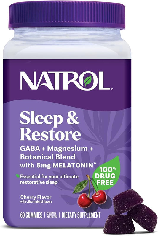 Natrol Sleep + Restore Magnesium Glycinate Blend Gummies with Melatonin 5mg - Calm Magnesium with GABA, Botanical Blend, C...