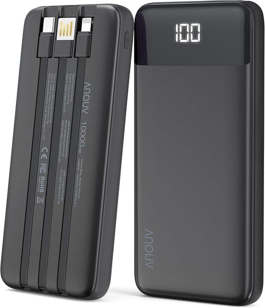 Portable Charger with Built-in Cables 10000mAh Power Bank with Cords, Slim Battery Pack with LED Display, Travel Essential...