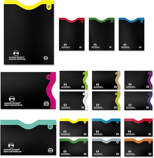 Alpine Rivers RFID Blocking Credit Card Sleeves 18-Piece Set – 14 Color-Coded Card Protectors with 4 Passport Holders – Sl...