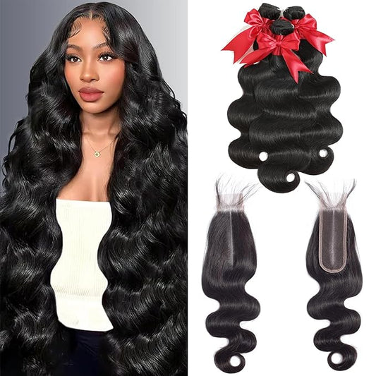 12A Body Wave Bundles with 2x6 Closure Human Hair 12 14 16+10 Inch Brazilian Virgin Body Wave Human Hair Weave 3 Bundles w...
