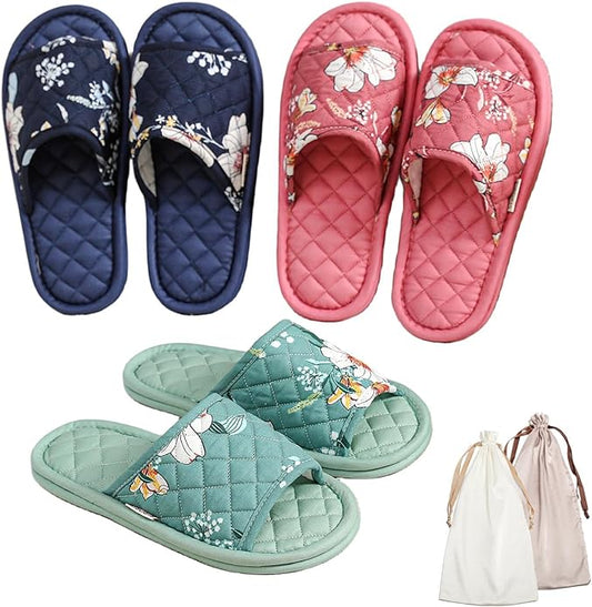 3 Pairs Floral Cotton House Slippers for Women, Open Toe Indoor Slippers Comfortable Washable Portable Foldable Guest Trav...