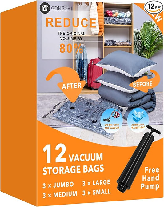 12 Pack Vacuum Storage Bags (3 Jumbo, 3 Large, 3 Medium, 3 Small),Plastic Packaging Bags,Space Saver Sealer Compression Ba...