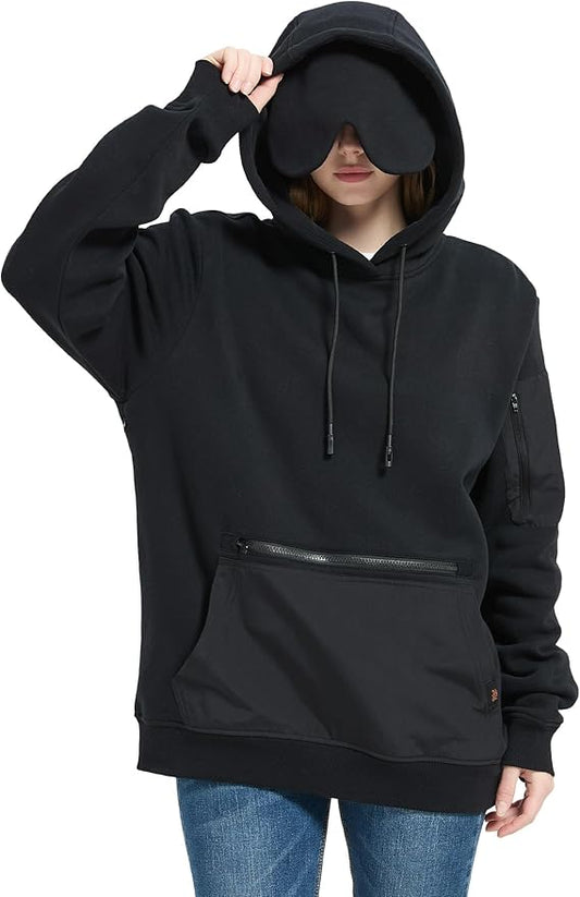 Relexit Travel Hoodie with Built-In Eye Mask for Airplane Travel Breathable Comfort Pullover Sweatshirt Multiple Pockets