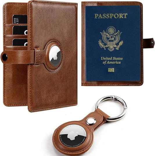 Travel Passport Wallet with Airtag Holder,RFID Passport Vaccine Card Holder with Air Tag Luggage Keychain,Leather Passport...