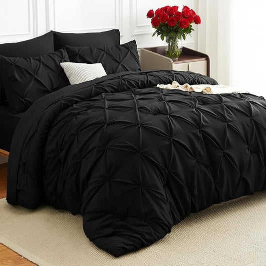 HIMEET Queen Comforter Set 7 Pieces Bed in A Bag Black Luxury Soft Queen Size Bed Set Pintuck Pinch Pleat Bedding Sets wit...