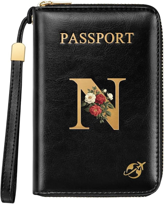 Passport Holder for Travel Wallet Women Zipper Wallets Personalized Passport Holder Cover Initial Letter Rose Flower Passp...