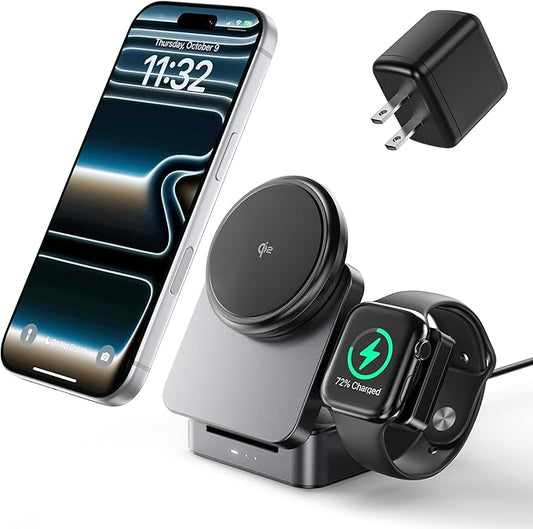 3-in-1 Wireless Charging Station for Apple, Qi2 Certified 15W Foldable Mag-Safe Travel Charger Stand Wireless Charger Dock...