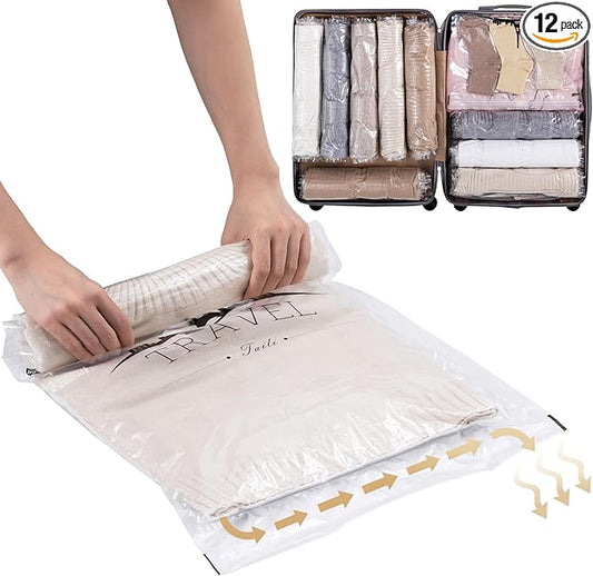 TAILI 12 Pack Travel Compression Bags, Roll Up Space Saver Bags (6 Large+6 Medium), No Vacuum Needed Reusable Packing for ...