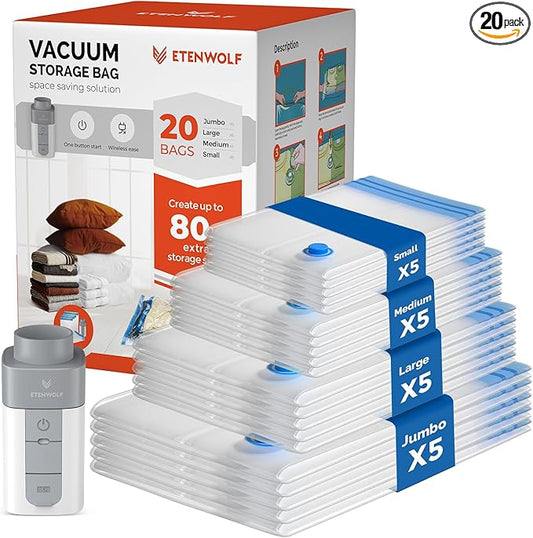 ETENWOLF 20 Pack Vacuum Storage Bags with Rechargeable Wireless Pump, Vacuum Seal Bags for Clothes and Travel, Space Saver...
